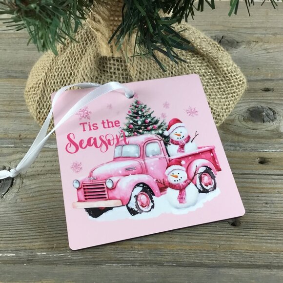 Tis the Season Snowman Pink Truck 3.5" Square Wooden Ornament - Picture 4 of 5